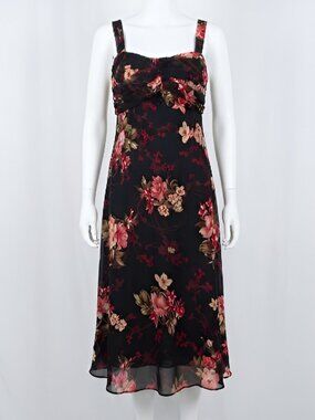 Madison Leigh Floral Midi Sundress Coral Pink Black V-Neck Sleeveless Size 12